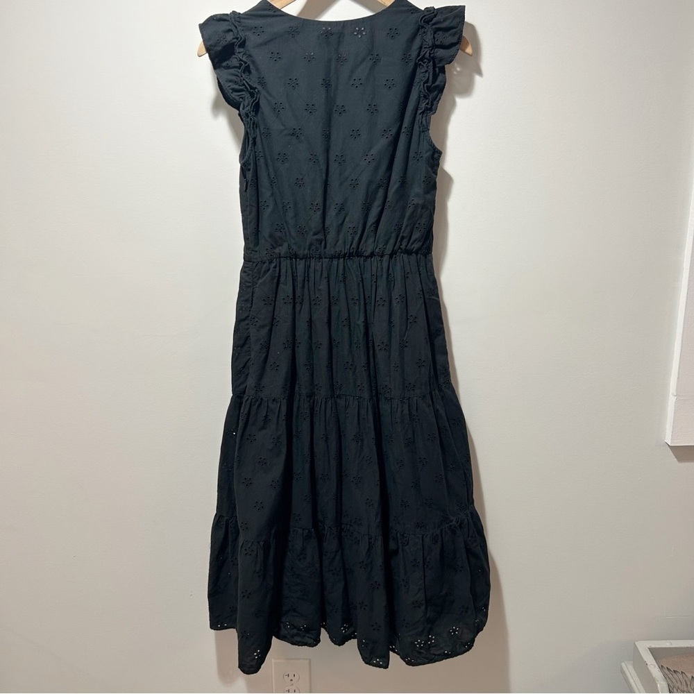 J. Crew Cotton Eyelet Midi Dress Size 2 Black Tiered Pockets Shoulder Ruffles - Picture 9 of 16